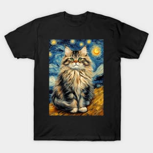 Adorable Siberian Cat Breed Painting in a Van Gogh Starry Night Art Style T-Shirt